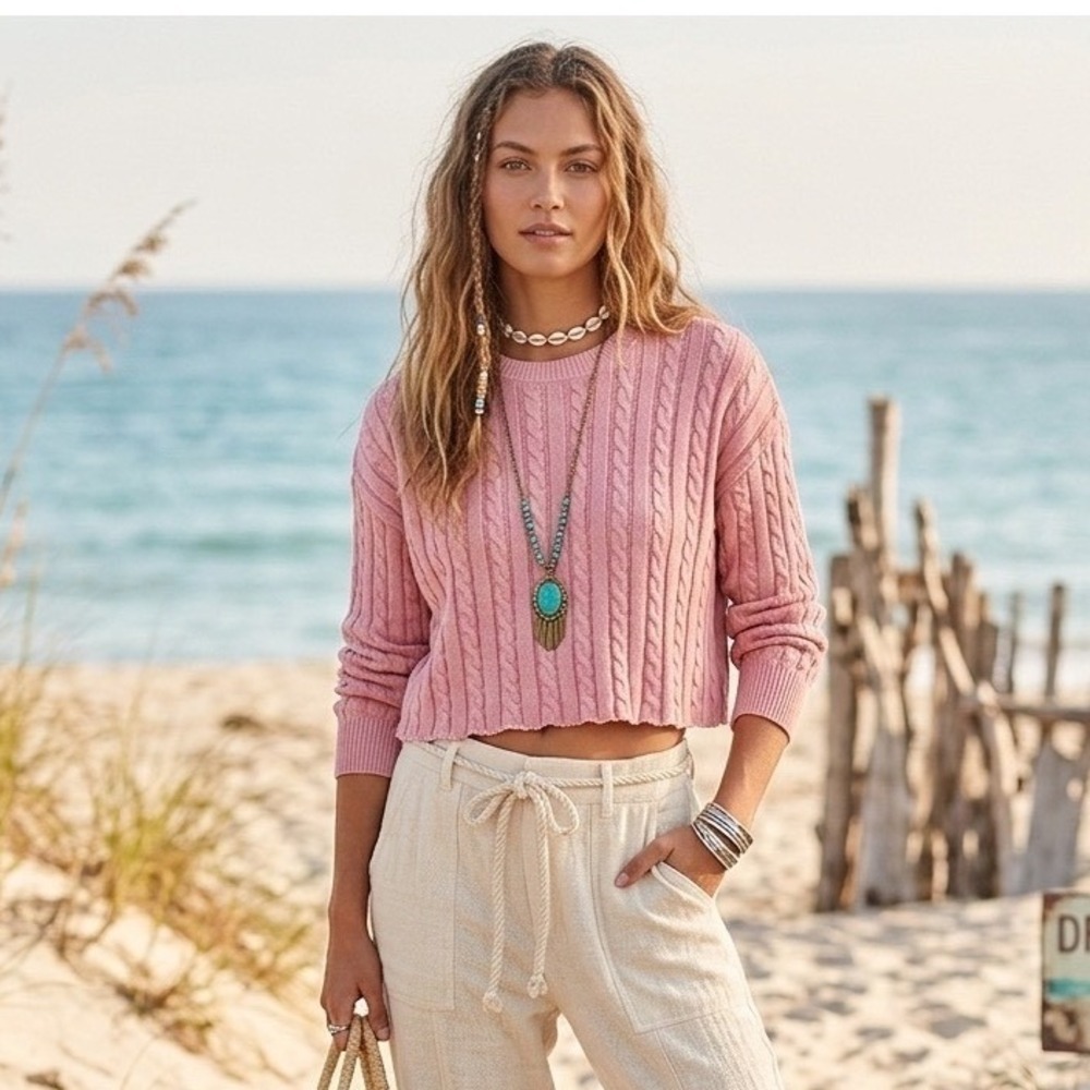 Aerie Cotton Pink Cable Knit Cropped Sweater L Barbiecore Coquette Clean Girl